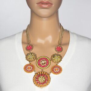 Gold And Orange Color Eight Circles With Faux Crystals Faux Diamonds‎ Necklace